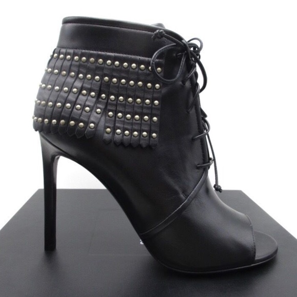 YSL Yves Saint Laurent Black Jane Studded Peep Toe Fringe Boots Booties … - Picture 1 of 4